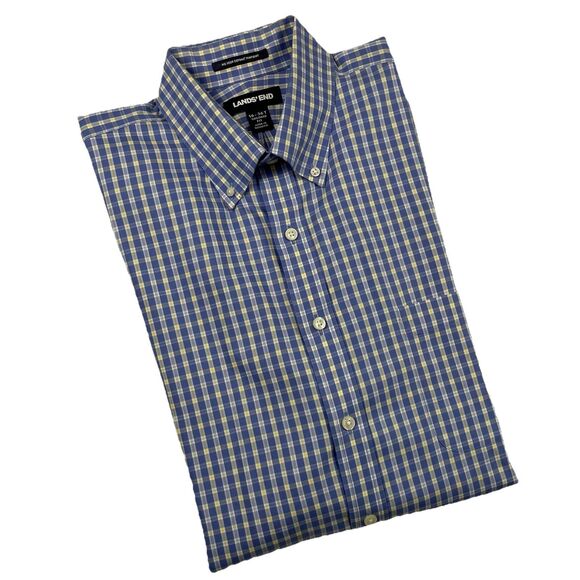 Lands End Mens Supima Long Sleeve Button Up Pinpoint Shirt Blue Yellow 16 (36 - Picture 1 of 11